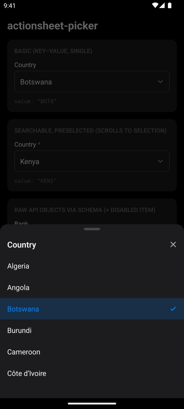 Single select sheet on Android, dark theme