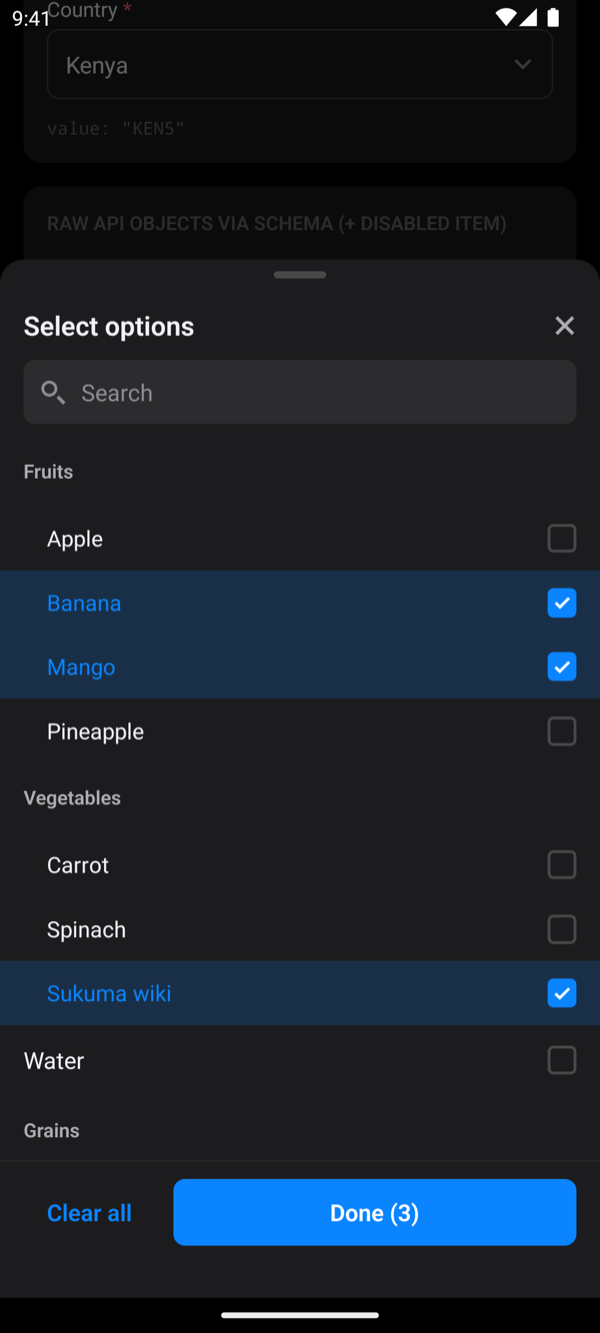 Grouped multi-select, dark theme