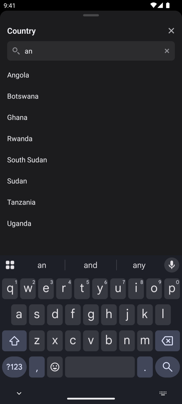 Search with keyboard on Android, dark theme