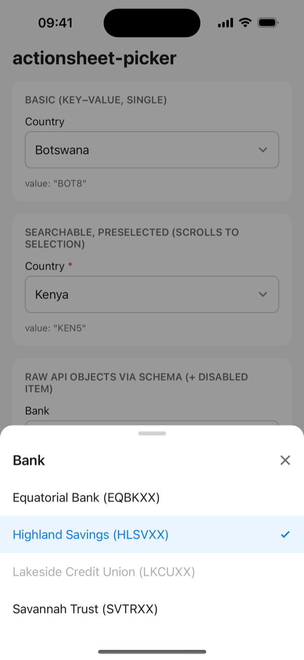 Raw API objects with schema and a disabled item